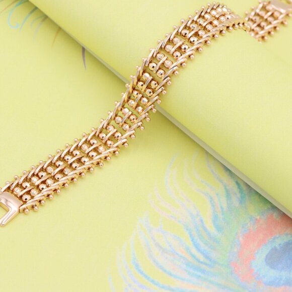 "Wide Rose Gold Plated Textured Bracelet with Elegant Bead Design, XPBL0891 - Picture 5 of 12